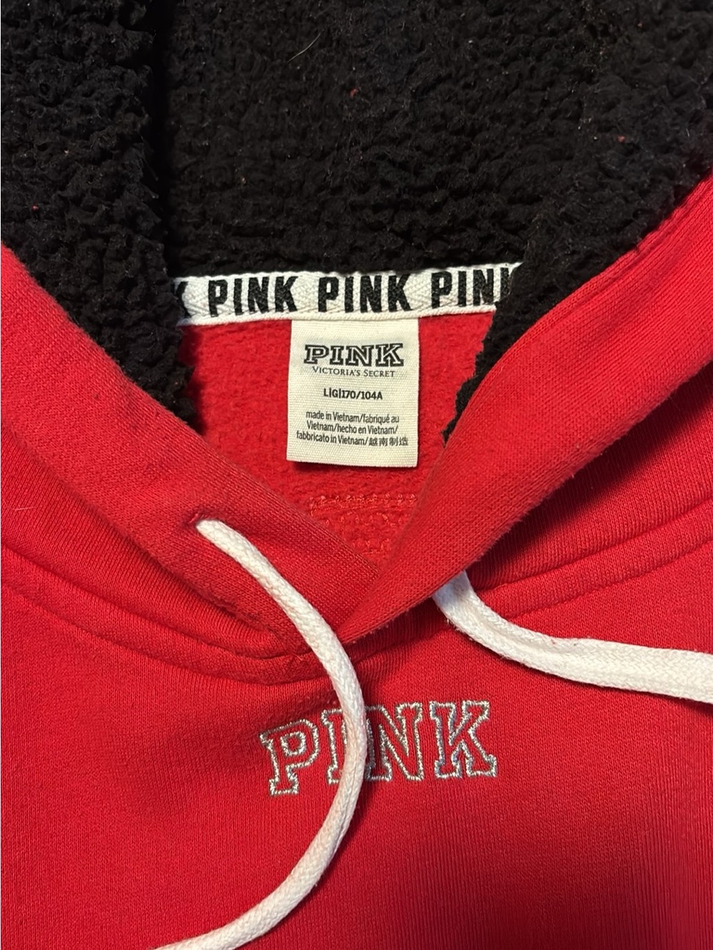 PINK Victoria's Secret Red Hooded Sweatshirt with Black Sherpa Lining